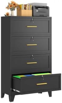 winiowa 4 Drawer File Cabinet, Metal Lateral File Cabinet with Lock, Locking Filing Cabinets for Home Office,Wide Office Storage Cabinet for Hanging Files Letter/Legal/F4/A4 Size (Black, 4-Drawer)