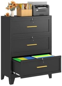 winiowa 3 Drawer File Cabinet, Metal Lateral File Cabinet with Lock, Locking Filing Cabinets for Home Office,Wide Office Storage Cabinet for Hanging Files Letter/Legal/F4/A4 Size (Black, 3-Drawer)