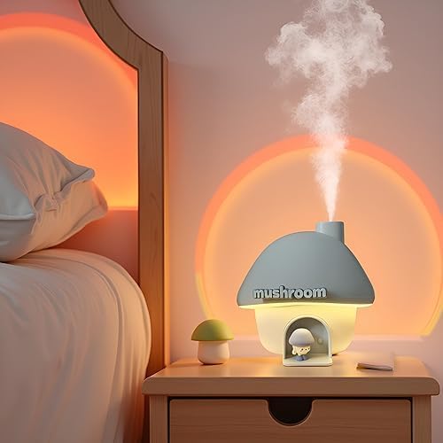 Mushroom House Humidifiers, Rechargeable Desktop Silent Air Humidifier with Night Light, USB Portable Cute Mist Humidifiers with Rainbow Gradient Lighting for Home, Office, Car, and Travel (Blue)