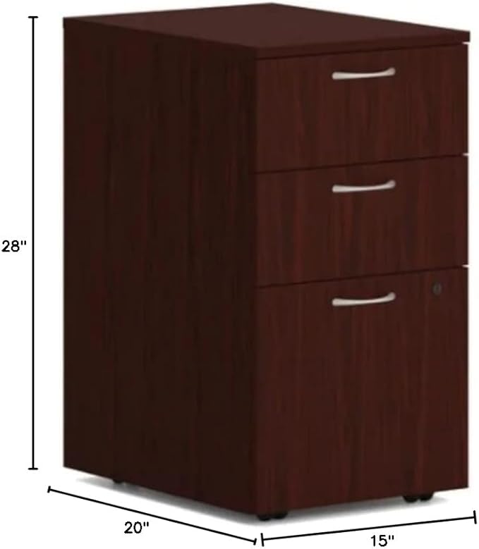 HON MOD 3 Drawer File Cabinet On Wheels, Mobile Pedestal for Filing Cabinets for Home Office, 15" W Portable Storage, Mahogany