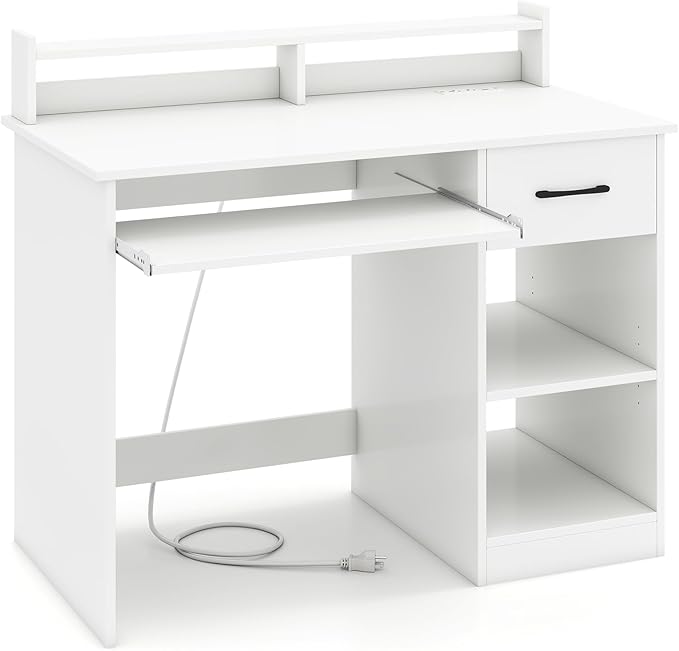 Giantex White Desk with Drawers, Modern Home Office Desk with Keyboard Tray, Monitor Stand & Adjustable Shelf, PC Laptop Table Computer Workstation, Study Writing Desk for Small Spaces, Bedroom