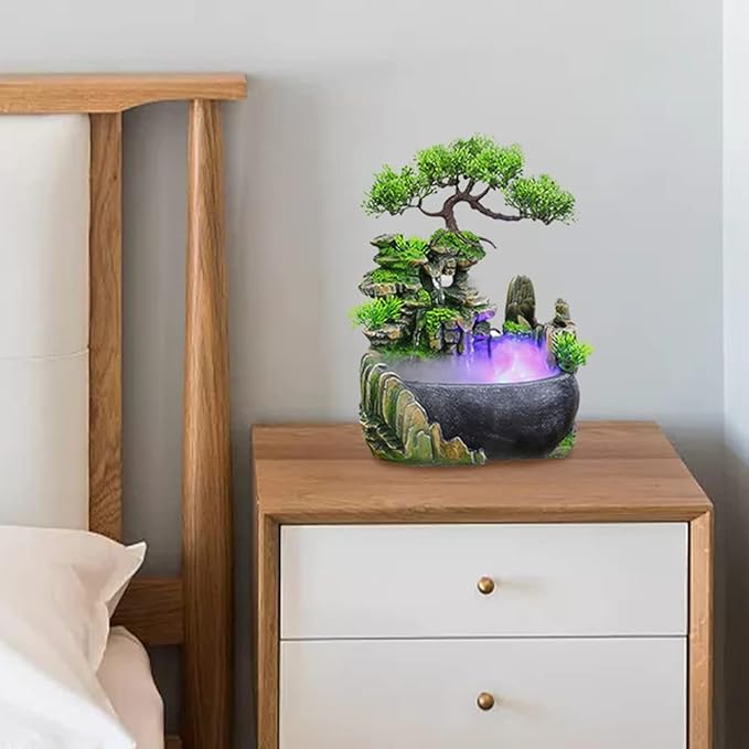 Tabletop Fountain, Atomizing Desktop Humidifier with Rockery & Bonsai, Zen Meditation Indoor Relaxation Waterfall Feature, Illuminated Waterfall Fountain Indoor for Home Office Bedroom Desk Decor