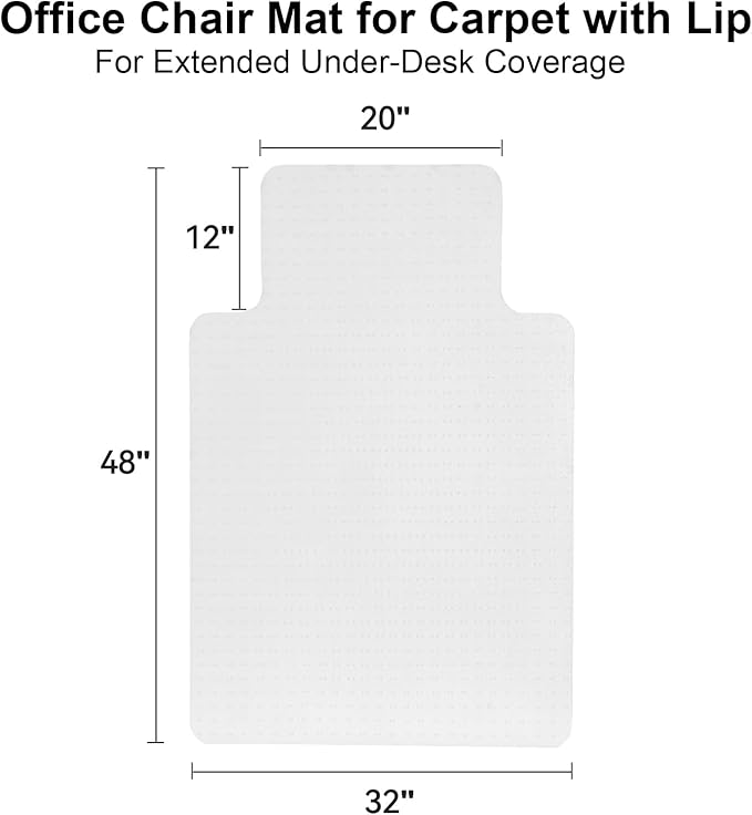 Office Chair Mat for Carpet with Lip, Flat Shipping Heavy Duty Hard Clear Chair Mats, Under Desk Protector Floor Mat, Smooth Glide Plastic Rolling Computer ChairMat (32x48 Inch)