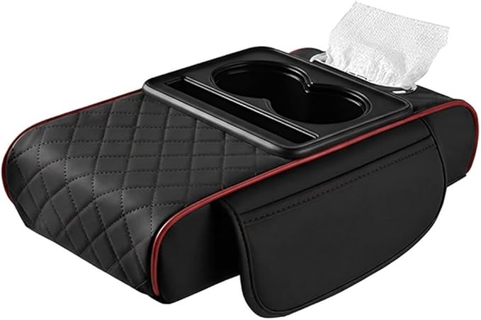 Zpana Car Center Console Armrest Pillow, Memory Foam Leather 4 in 1 Vehicle Arm Rest Cover with Tissue Box 2 Side Storage Bag Cup & Phone Holder, Auto Armrest Cushion, Universal Fit (Black/Red)