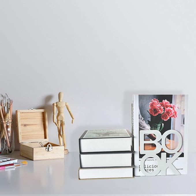 Book Ends - Decorative Metal Book Ends Supports for Bookrack Desk (White 2Pack)