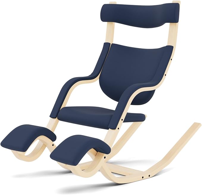 Varier Gravity Balans Recliner and Kneeling Chair Designed by Peter Opsvik, Relax Into Weightlessness, 10-Year Limited Warranty, Blue Revive Fabric with Natural Ash Base