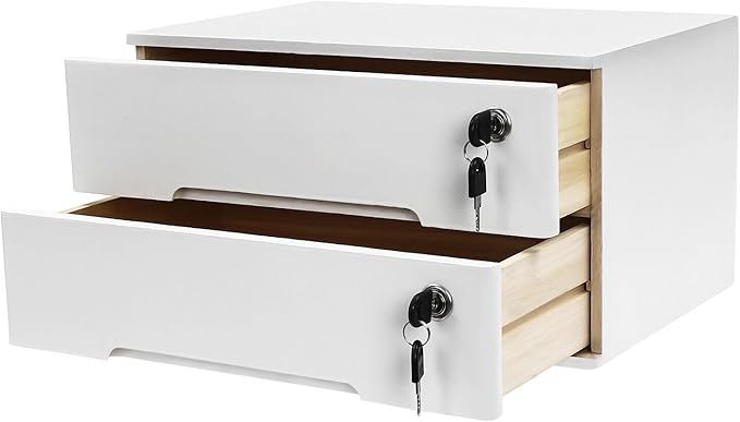 Wooden Desk Organizer with Drawers & Lock, Desktop Countertop Storage Cabinet Lockable Home Office Supplies File Tabletop Organizing Unit (2 Drawer - Modern White)
