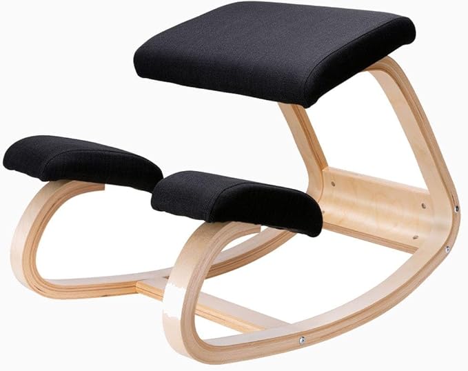 Desky Ergonomic Black Kneeling Chair – Adjustable Wooden Frame with Cushioned Seat and Knee Pads, Natural Finish, Home Office & Study Support