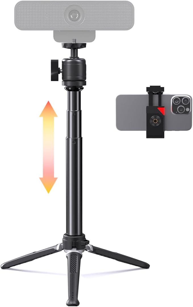 Webcam Tripod for Desk, Extendable Web Cam Stand Mount with Phone Holder for Logitech Webcam C920 C922 C922x C925e C930 C930e C615 Brio 4K NexiGo N60, GoPro Camera and Ring Light with 1/4" Thread
