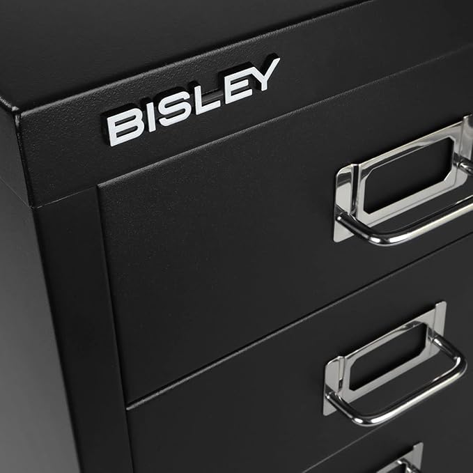 Bisley 3-Drawer Steel MultiDrawer Cabinet - Black, Chrome Pull Handles with Label Holders, Powder-Coated Steel, Removable Drawers, Desktop Storage, Labels Included
