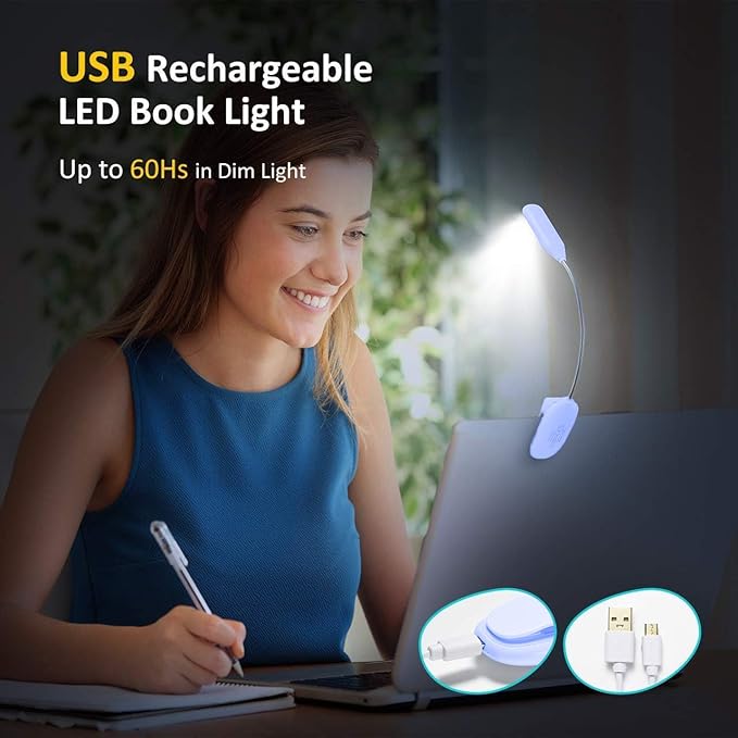 Rechargeable Book Light for Reading in Bed, 80H Reading, 3 Brightness Levels & 3 Color Temperatures, Lightweight Flexible Clip on Reading Lights for Books in Bed