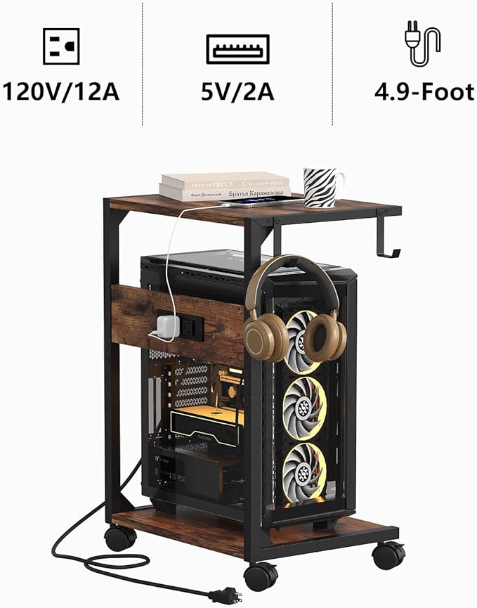 Akxomel 2 Tier Computer Tower Stand with Charging Station, 11.8" D x 16.5" W Rolling Floor PC Tower Stand Fits Under Desk, CPU Holder Cart for Carpet with Hooks, C Shaped End Table for Home Office