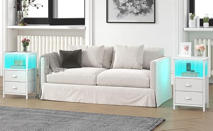 sthmec Nightstand with Charging Station, LED Night Stand with 2 Fabric Drawers PU Finish, Bedside Tables End Table with LED Light, 3-Tier Storage Side Table Nightstand with Drawers for Bedroom,White