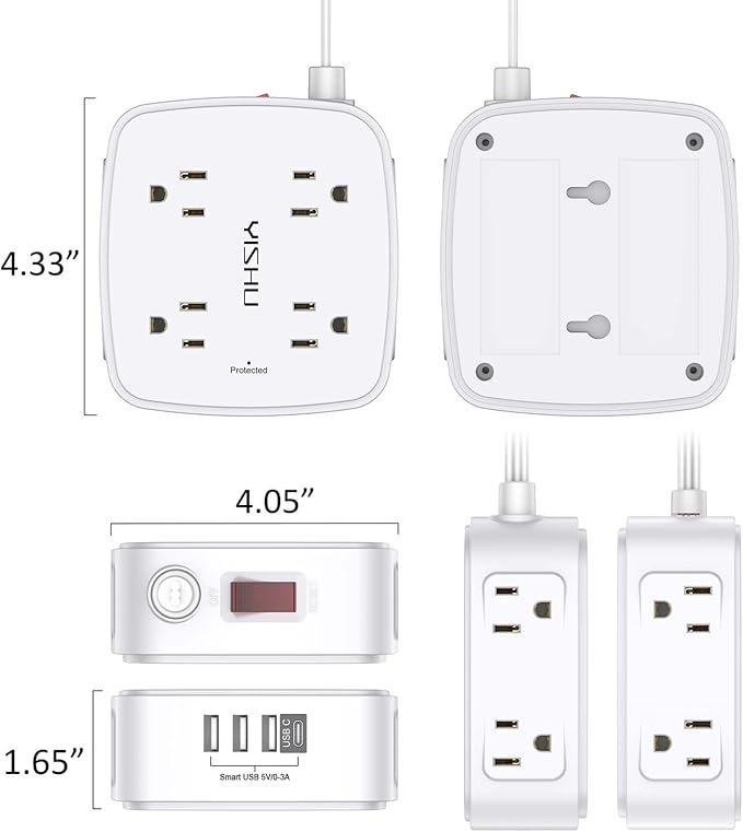 6 Ft Surge Protector Power Strip - YISHU 8 Widely Outlets with 4 USB Ports, 3 Side Outlet Extender with 6 Feet Flat Extension Cord, Ultra Flat Plug, Wall Mount, Desk USB Charging Station, ETL, White