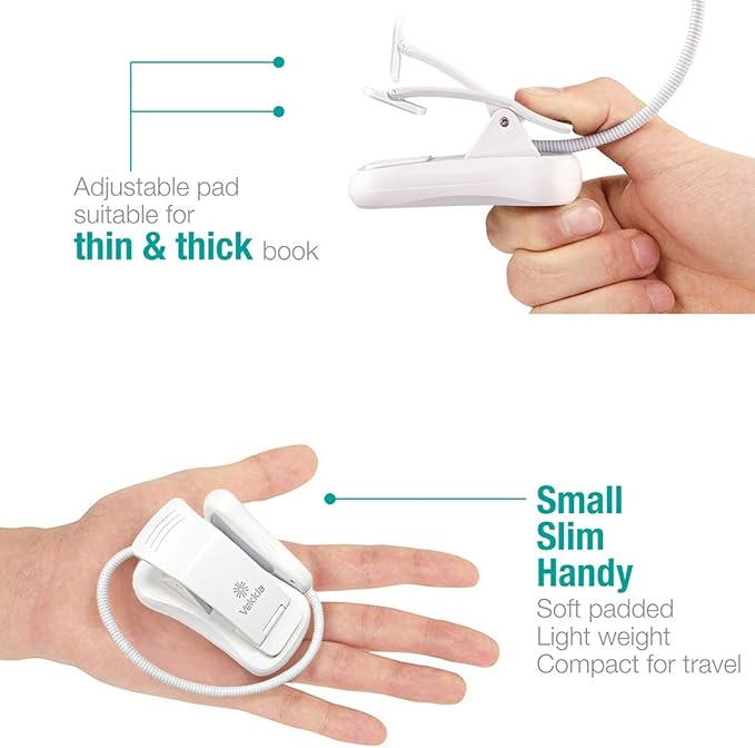 Vekkia 3000K Warm LED Rechargeable Book Light, Easy for Eyes, Clip on Reading Lights for Reading in Bed, Car & Travel, Lightweight Slim 2.1 oz. Perfect for Readers (Elegant White)