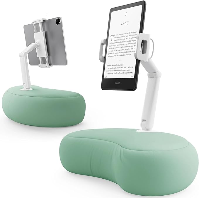 SAIJI Tablet Pillow Stand for Bed – iPad & Kindle Holder with Flexible Dual Axis Arm & Microbead Cushion, 360° Adjustable Lap Beanbag Phone Holder Fits Devices with 4.7"–15.6" Screens (Cyan)