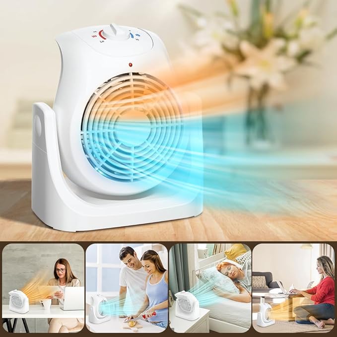 LifePlus 2 in 1 Heater Fan Combo, Portable Cooling Desk Fan, Air Circulator Fan 45° Tilt, 2 Wind Speeds, 1500W Overheat Protection Personal Small Floor for Home Office White