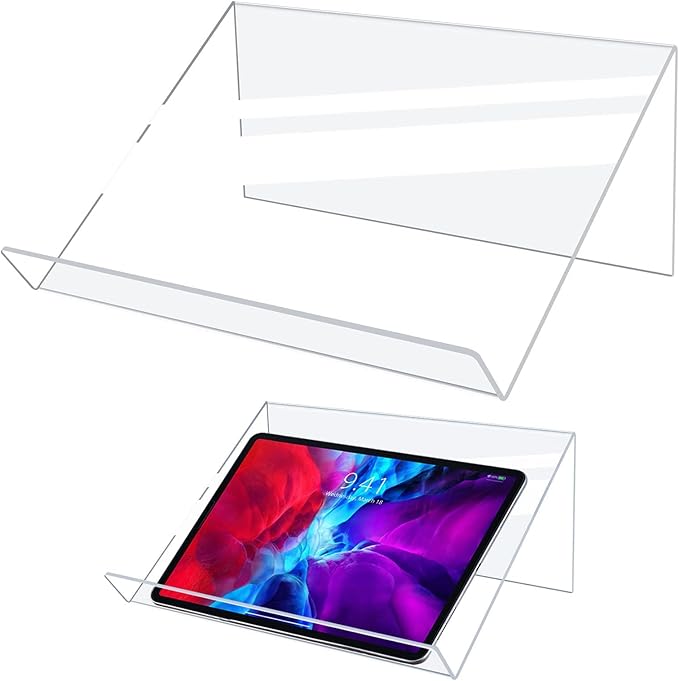 Kamehame Book Stands for Display, 2 Pack Slightly Elevated Clear Acrylic Book Display Stand with 1.5" Ledge, Book Easel Anti-slip Border for Handwriting Reading Art and Laptop, 12"x8.5"x5.1"