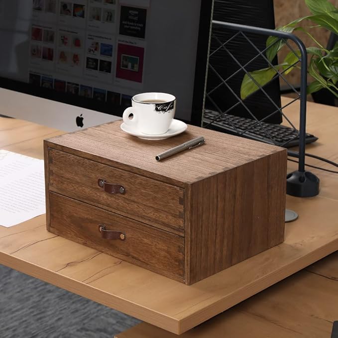 DDYURI Wood 2 Drawer Desktop Organizer Cabinet - Desk Storage Box for Kitchen Counter, Dresser Tabletop - Wooden File Organizer Printer Machine Stand for Office Accessories Chest Dark (FAX2C-DK)