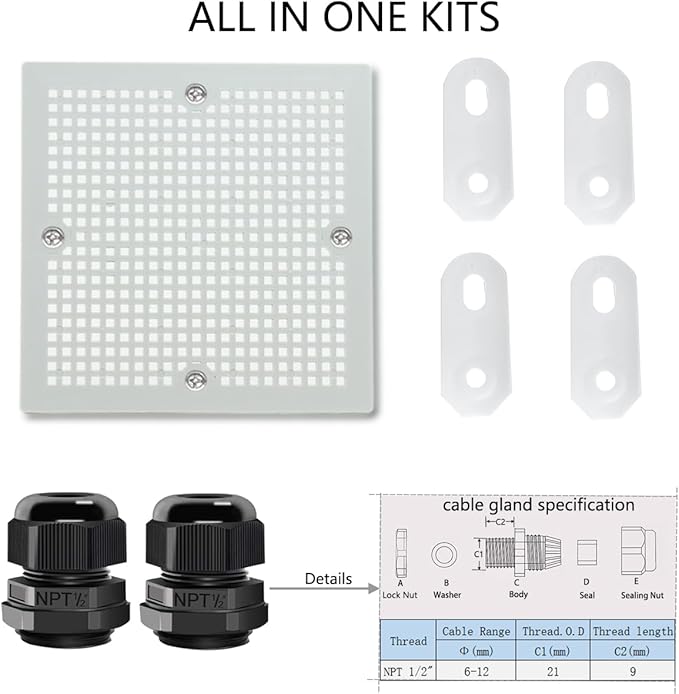 Junction Box, Hinged Cover IP67 Waterproof ABS Project Box with 2 NPT 1/2" Cable Gland, Electrical Box Enclosure with Mounting Plate & Wall Bracket 5.9 x 5.9 x 3.5inch(150x150x90mm)