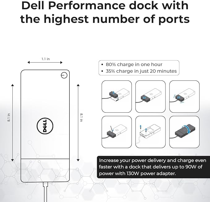 Dell WD19S Docking Station 130W (90W Power Delivery), Dell Docking Station for Laptop with 130W Power Adapter + HDMI + DisplayPort + USB-C Cable + Microfiber Cloth (Renewed)