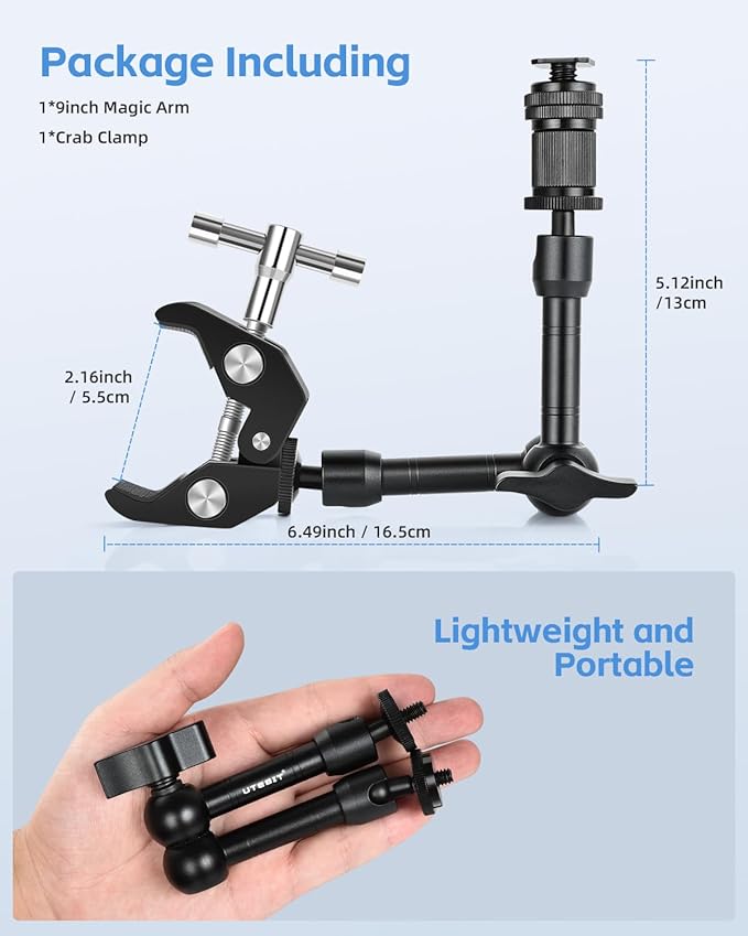 UTEBIT 9 inch Magic Arm with Super Clamp, 360° Ball Heads with 1/4" & 3/8" Threads Screws Articulating Magic Arm Camera Mount for Monitor, Flash, LED Light, Microphone, Camera Cage, Action Camera