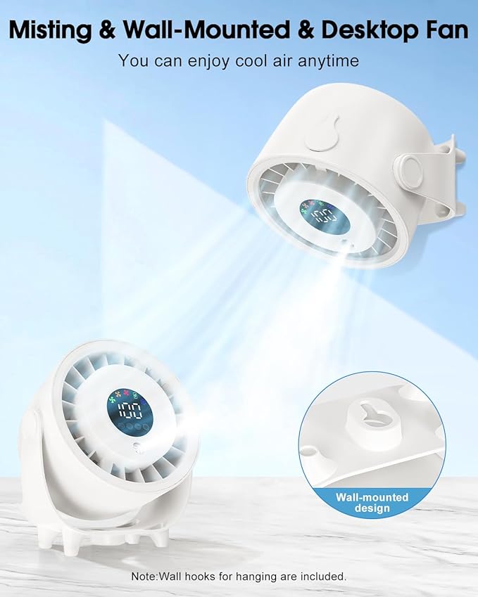 Ouddy Mode Small Desk Fan, 4000mAh Portable Misting Fan Quiet Table Fans with LED Display, Wall-Mouted Design USB Rechargeable Desktop Fans for Bedroom Travel Office Home Kitchen Outdoor White