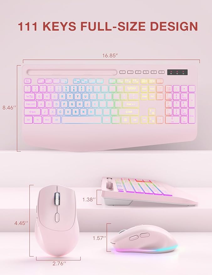 Wireless Keyboard and Mouse Combo, 9 Backlit Effects, Wrist Rest, Phone Holder, 2.4G Lag-Free Ergonomic Keyboards, KM22 MAX Rechargeable Silent Set for Computer, Laptop, Mac, Windows -SABLUTE(Pink)