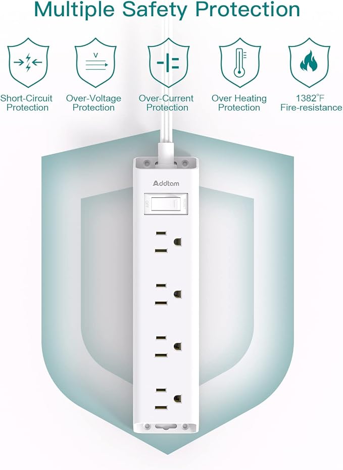 Addtam 2 Pack Power Strip Surge Protector with 12 Outlets, Flat Plug Extension Cord 5FT, Ultra Thin Wall Plug, 3-Side Wide Spaced Outlet Extender, Wall Mount Desk Charging Station for Home Office Dorm