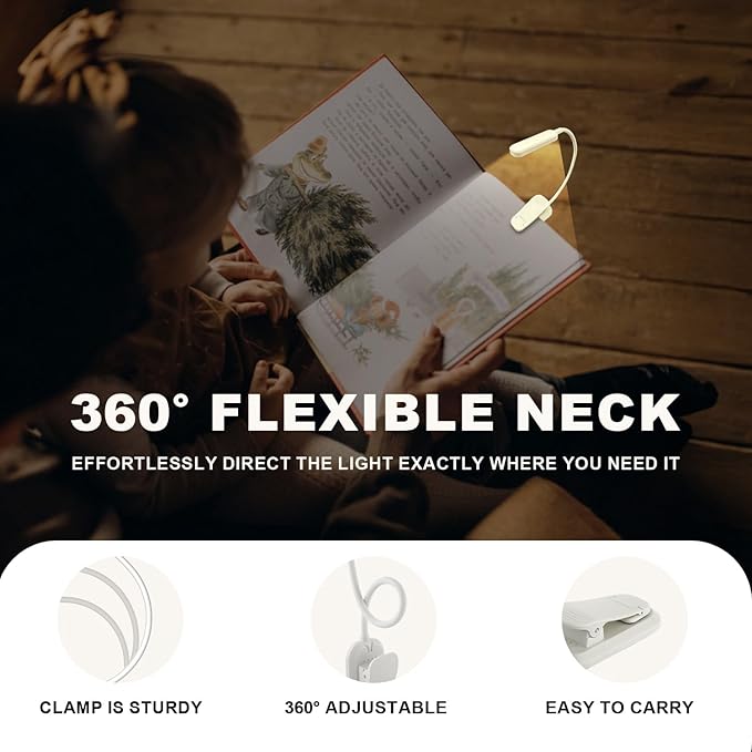 Rechargeable 20 LED Book Lights for Reading at Night - Energy Saving with Extended 60Hrs Runtime, 15-Level Stepless Dimming, Flexible Lightweight Clip on Light for Studying, Travel, White