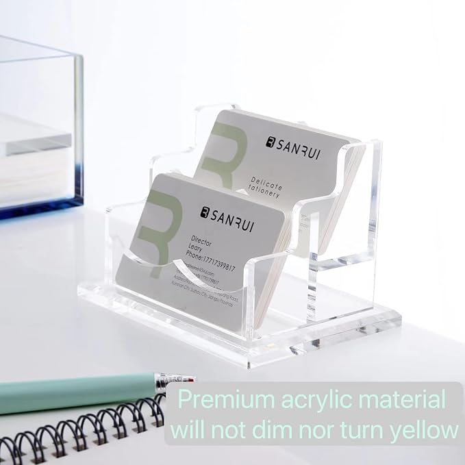 SANRUI Business Card Holder for Desk, Clear Acrylic Business Card Holders Horizontal Business Card Display Stand 2 Slots(Patent No.:US D1,001,889 S)