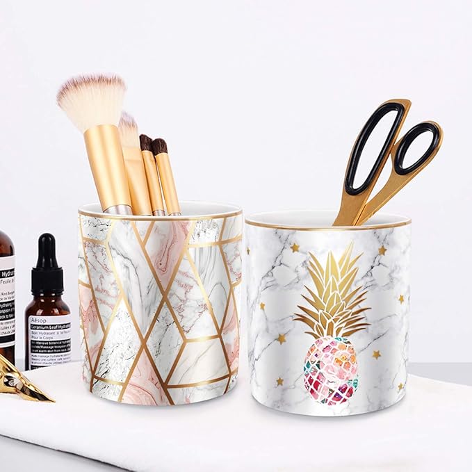 WAVEYU Cute Pen Holder for Desk, Ceramic Pencil Organizer, Makeup Brush Holder, Office Decor and Desk Accessories Durable Ceramic, Pineapple Pattern
