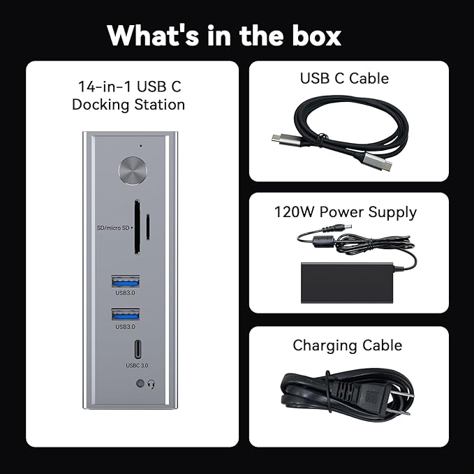 TobenONE DisplayLink Docking Station 3 Monitors, 14-in-1 Triple Monitor Dock for M1-M5 MacBook/Mac mini, Windows, Chrome (3HDMI, 120W Power Supply, 5 USB, Home Office & Professional Workspace)
