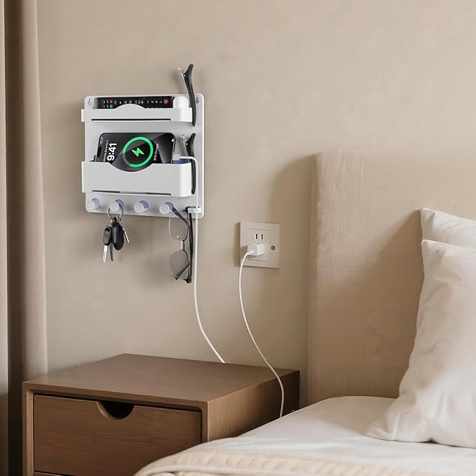 Bedside Wall Shelf with Glasses Hooks ,Adhesive Bedside Organizer Wall Mount for Dorm and Room Accessories Phone,Remote,Earphone, Kindle (White)