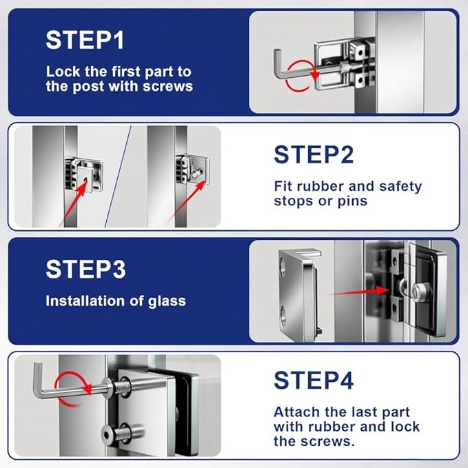 Glass Clamp - 4PCS Bracket for 1/3"-1/2" Tempered Glass, Stainless Steel 304 Flat Back Square Clip for Balustrade, Staircase, Handrail, Holder Metal Casting Mirror(LIUCHONGYANG99)