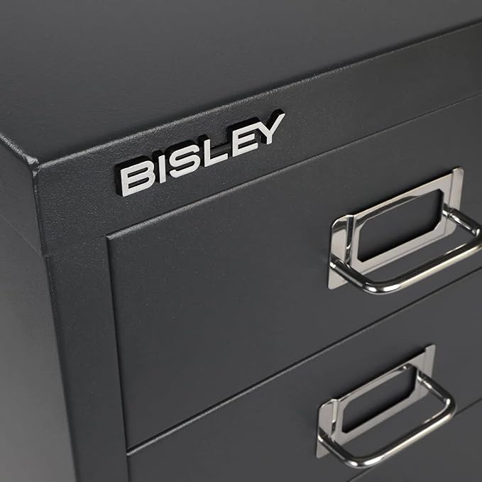 Bisley 3-Drawer Steel MultiDrawer Cabinet - Anthracite Grey, Chrome Pull Handles with Label Holders, Powder-Coated Steel, Removable Drawers, Desktop Storage, Labels Included