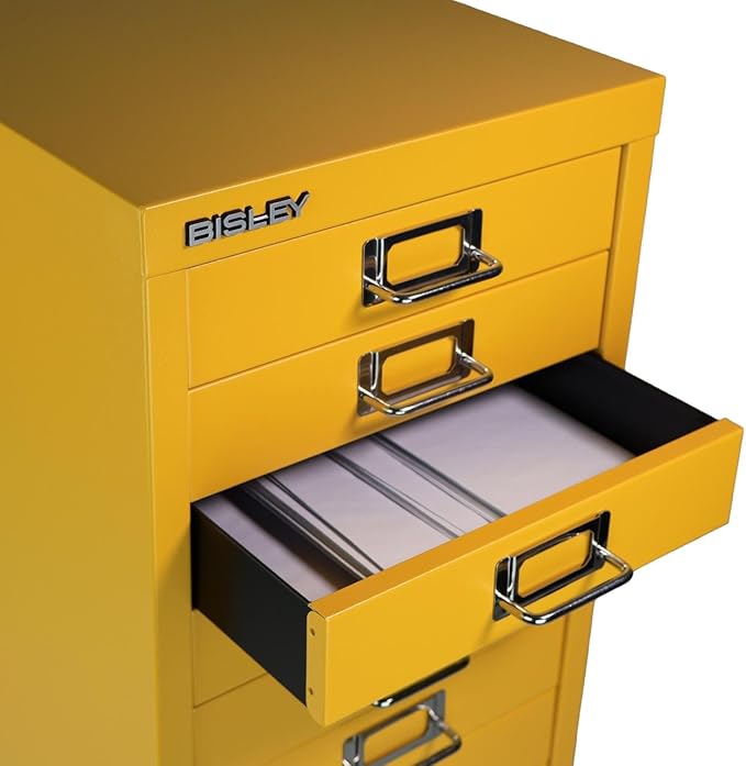 Bisley 10-Drawer Steel MultiDrawer Cabinet - Golden Sunflower Yellow, Chrome Pull Handles with Label Holders, Powder-Coated Steel, Removable Drawers, Fits Under Most Desks, Labels Included