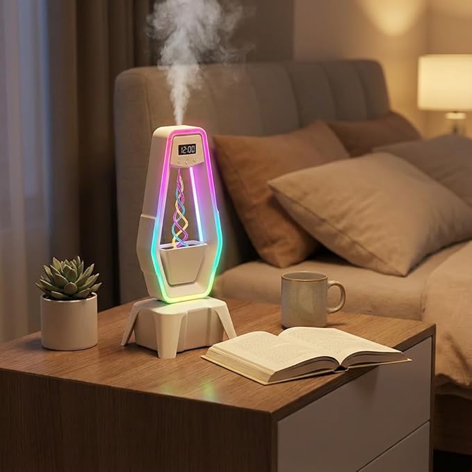Anti-Gravity Humidifier with Clock & LED Lights|Ultrasonic Cool Mist, Ultra-Quiet for Bedroom & Desk|350ml Tank, Ideal for Small Office or Home Spaces