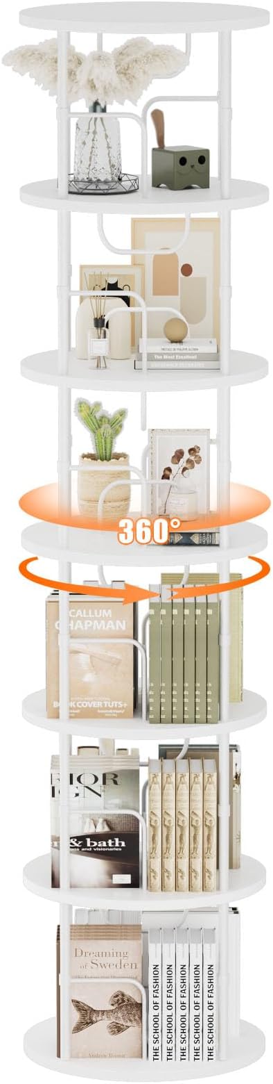 ALLSTAND 6 Tier Rotating Bookshelf, 360 ° Display Stackable Spinning Bookshelf Tower, Corner Bookshelf Tall Floor Standing Swivel Bookcase Narrow Storage Organizer for Bedroom, Living Room, White