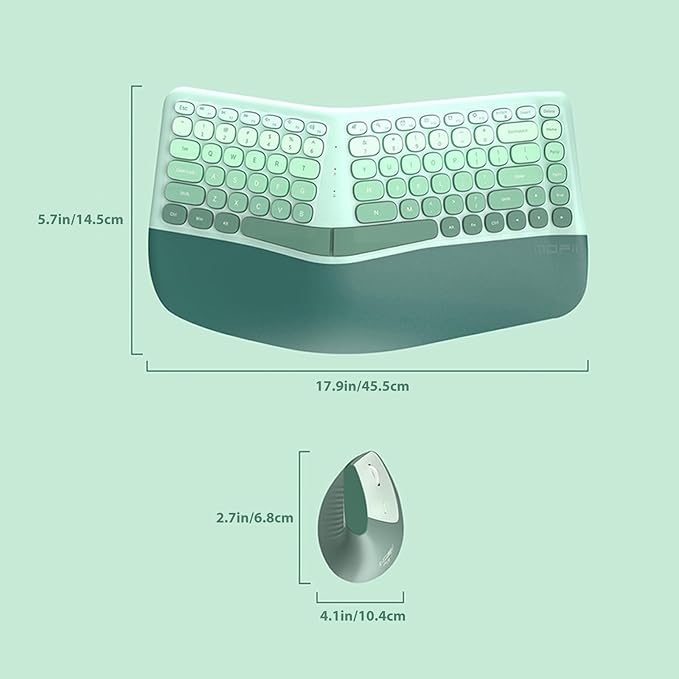 Ergonomic Wireless Keyboard and Mouse Combo with Wrist Rest, Curved Split Keys Clicky 84-Key Membrane Keyboard 6-Key Vertical Mouse Set for Win/Mac/PC/Laptop, AAA Batteries, Mint Green