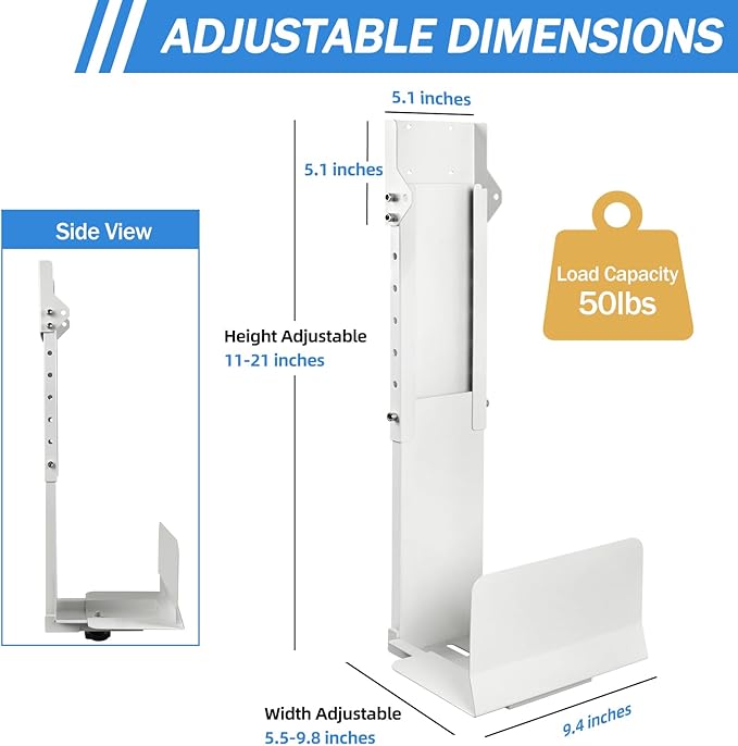 Heavy Duty Computer Wall Mount PC Case - Upgraded, Also Great for PC Mount Under Desk - Height Adjustable from 11" to 21", Width Adjustable from 5.5" to 9.8", Computer Tower Under Desk Home Office