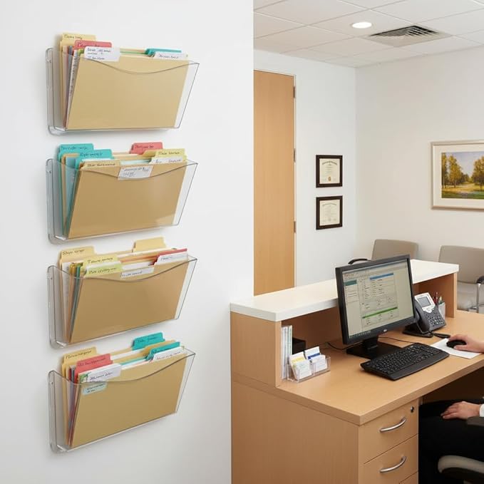 Azar Displays 250025 Clear Plastic Wall Mount File Holder with Hanging Hardware (4-Pack)