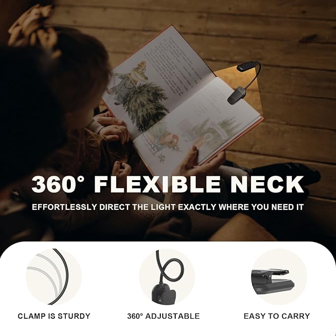 Rechargeable 20 LED Book Lights for Reading at Night - Energy Saving with Extended 60Hrs Runtime, 15-Level Stepless Dimming, Flexible Lightweight Clip on Light for Studying, Travel, Black