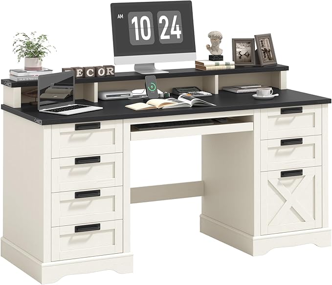 60" Farmhouse Executive Desk with 8 Drawers, Wood Computer Desk with Keyboard Tray and Charging Station, Home Office Desk Writing with File Drawer Fits A4 Size for Work and Study, White and Black