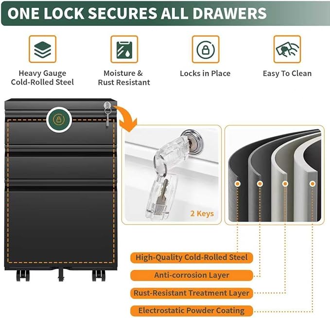 3 Drawer File Cabinet with Lock, Mobile Metal Filing Cabinet for Letter/Legal/A4 Size, Under Desk Rolling Office Storage Cabinet, Fully Assembled Except Casters, Black