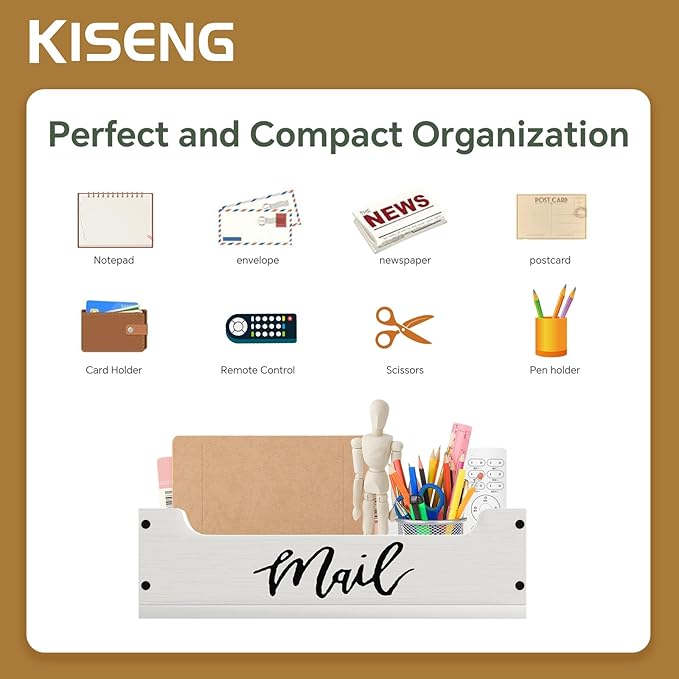 White Wooden Mail Organizer Countertop - Mail Organizer Wall Mounted, Office Mail Holder, Desktop Mail Basket for Counter, Letter Holder Box for Home Office Decor (White +Black Mail, 3.15")