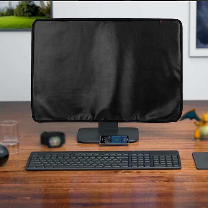 Monitor Dust Cover for iMac 24 inch PU Leather Anti-Static Dustproof Protective Cover for LCD/LED/HD Panel Case Computer Sleeve Monitor Dust Cover with Rear Pocket (Black, 24inch)