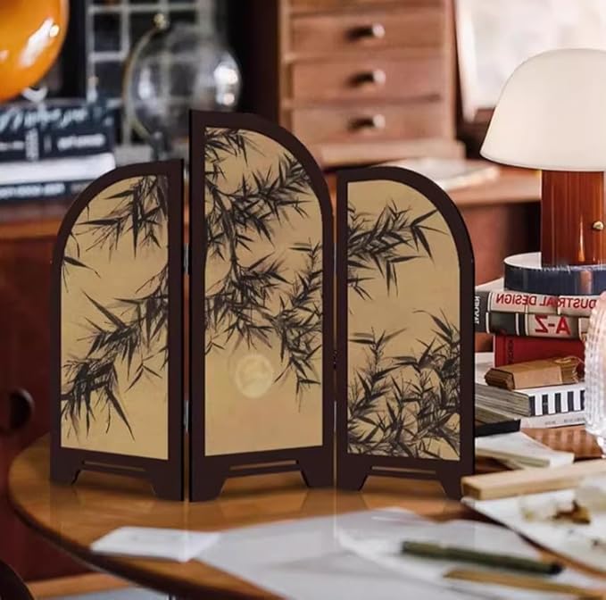 Table Screen,3 Panel Divider Desk Screen,Small Chinese Traditional Decoration,Mini Desktop Feng Shui Ornaments or Home Office New Year Decoration,Oriental Gift, Business Gift