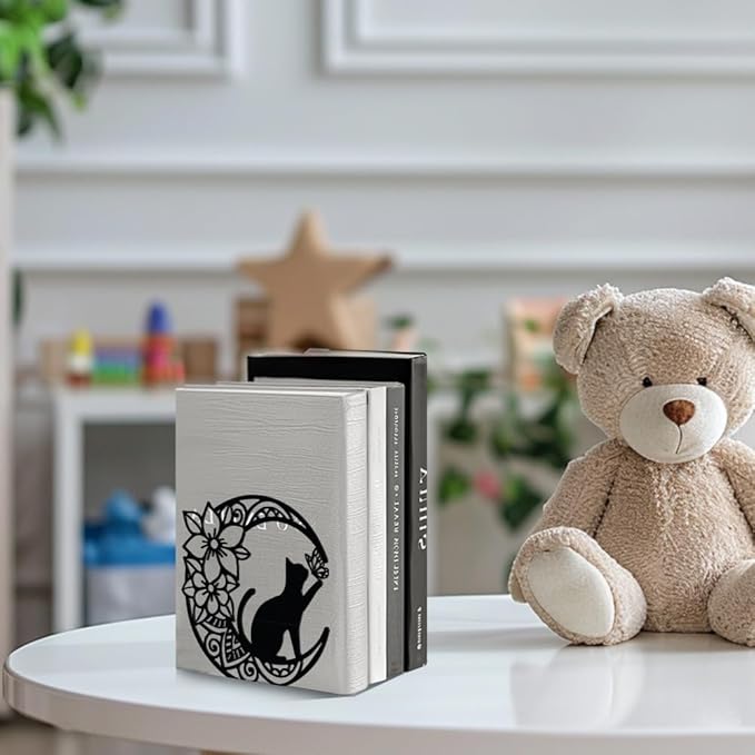 Peacoblue Metal Bookends for Shelves, Modern Decorative Heavy Duty Study Book Support Stoppers for Office, Desk, Shelf, Room 5.3"x4.3"x5.3" Cast Iron Tall Bookends, 1 Pair (Moon with Cat and Flower)