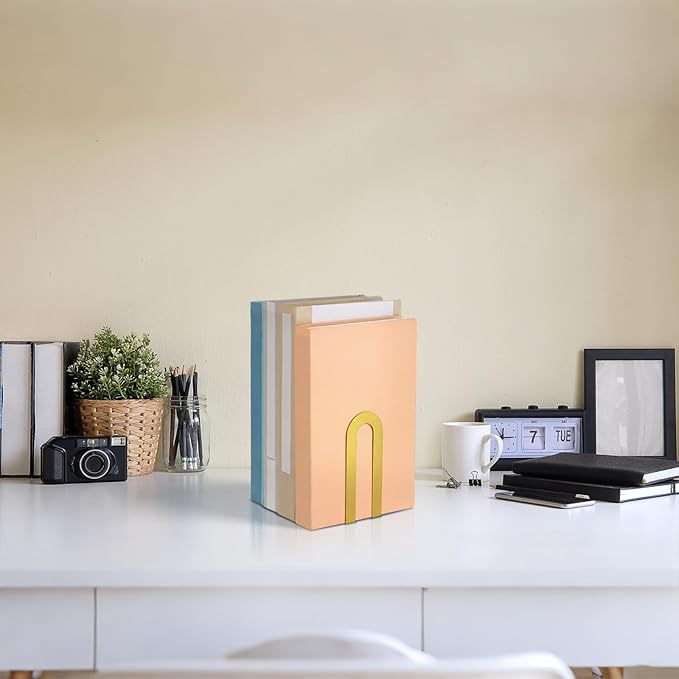 Chunful 4 Pcs Modern Metal Book Ends for Shelves Decorative Small Bookends Book Shelf Organizer Minimalist Design Stopper to Hold Books for Home Office (Gold,5.5 * 3.75 * 2.25inch)